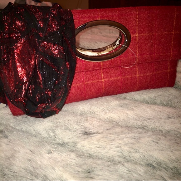 Putu by J.Maclear Retro Dark Red Plaid Felt Clutch - Picture 7 of 8